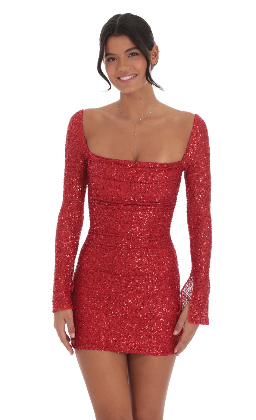 Sequin Long Sleeve Dress in Red - luluinthesky