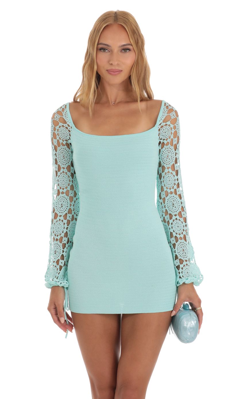 Floral Crochet Long Sleeve Dress in Blue - luluinthesky