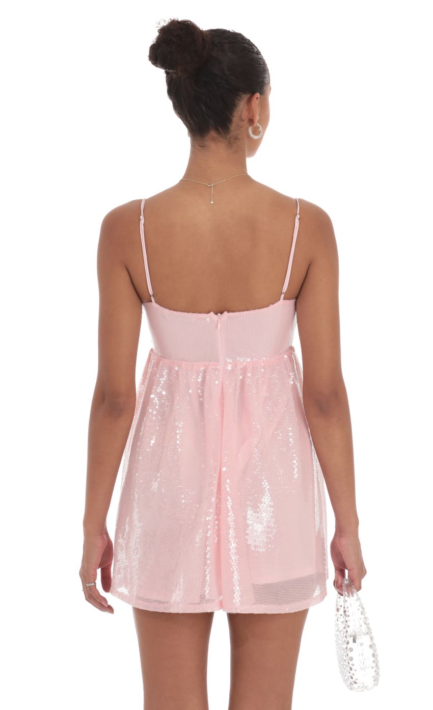 Sequin Front Bow Babydoll Dress in Pink - luluinthesky