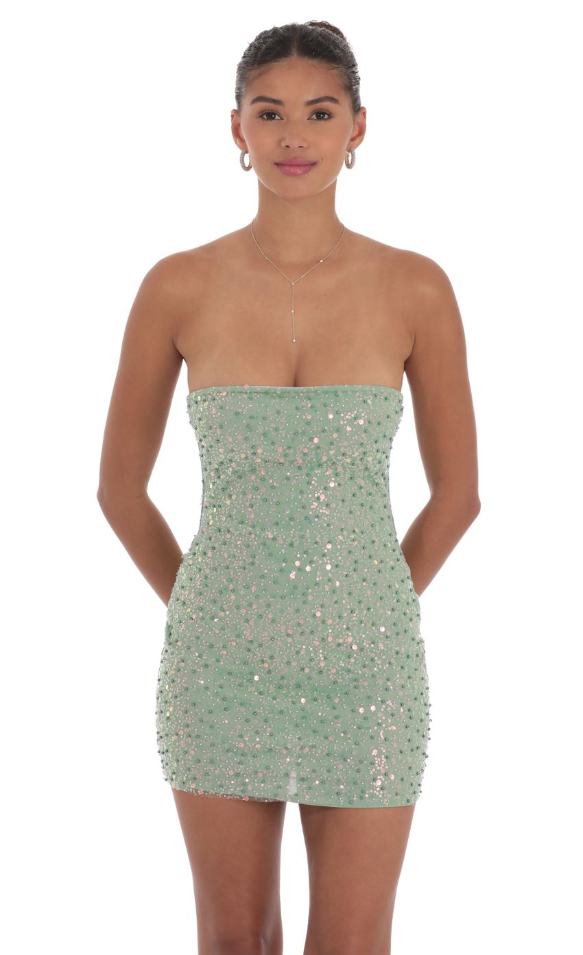 Strapless Sequin Beaded Dress in Sage Green - luluinthesky