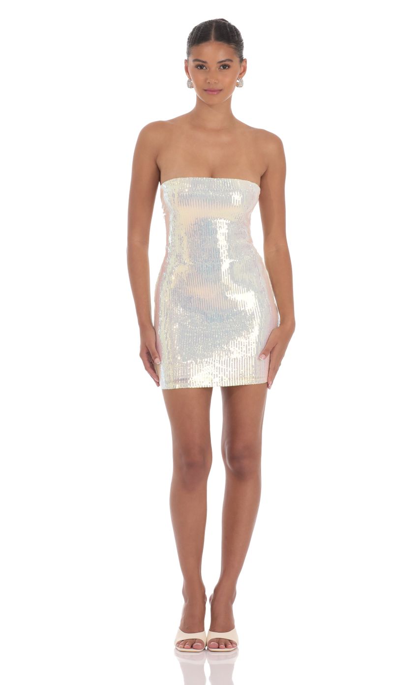 Iridescent Seqiun Strapless Bodycon Dress in Cream - luluinthesky