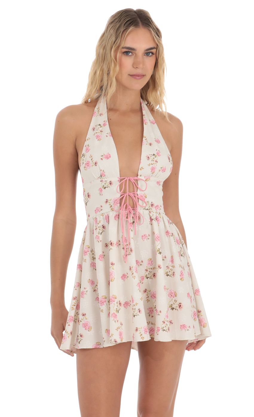 Floral Plunge Neck Dress in Cream - luluinthesky