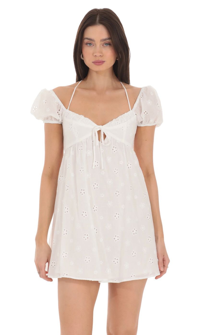 Eyelet Puff Sleeve Babydoll Dress in White - luluinthesky