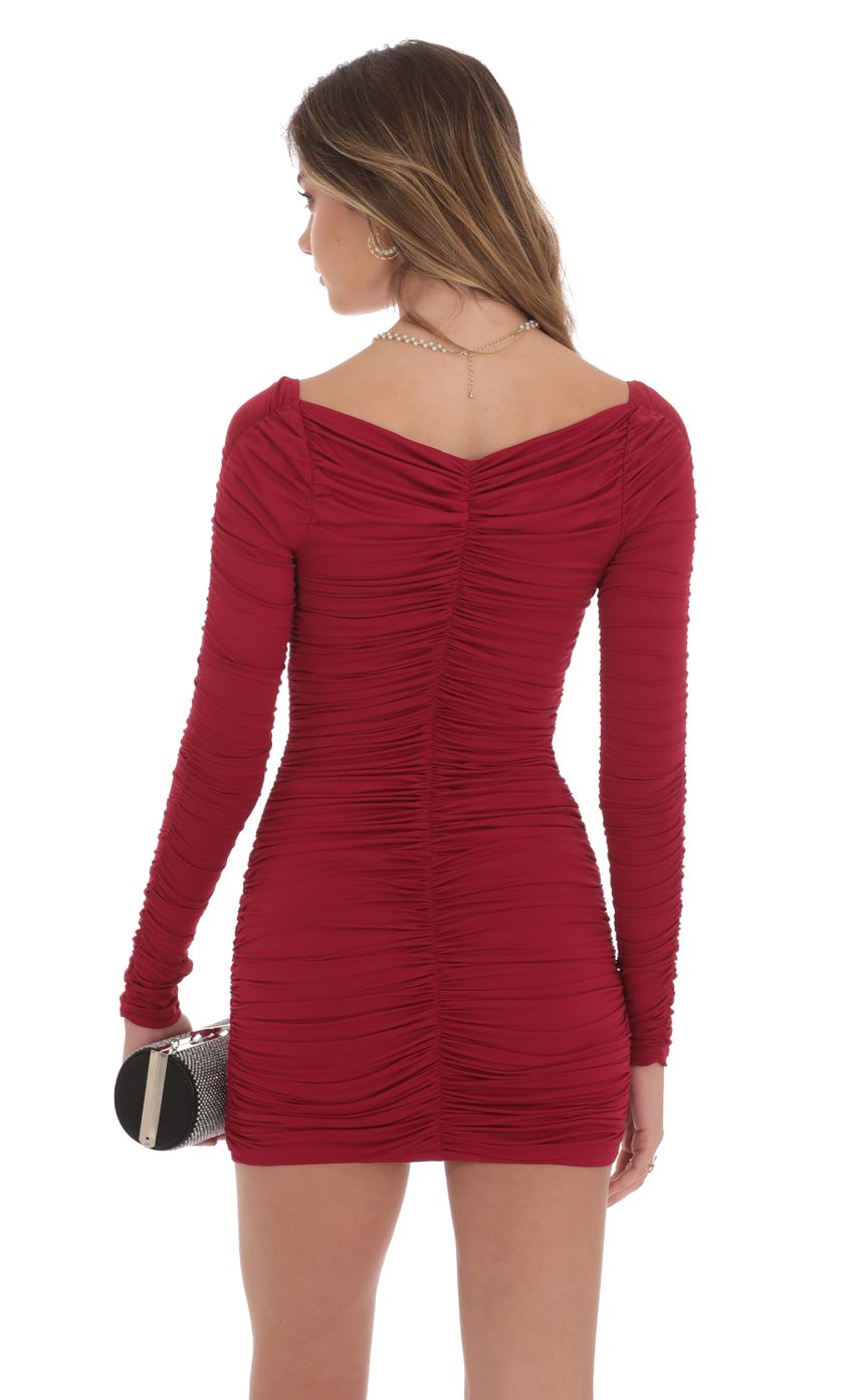Ruched Long Sleeve Bodycon Dress in Maroon - luluinthesky