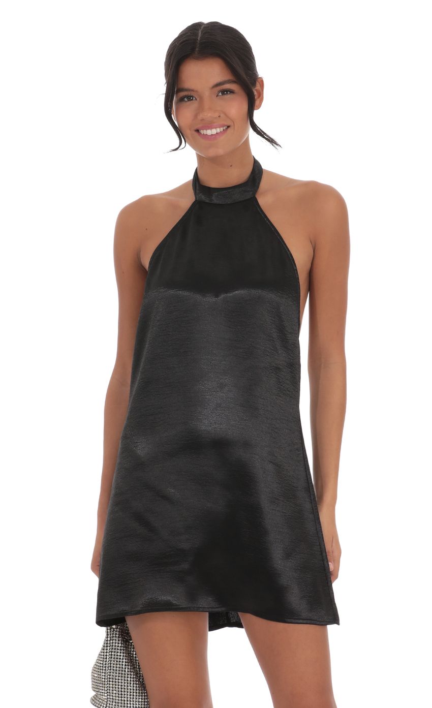 Satin Halter Shift Dress in Black - luluinthesky