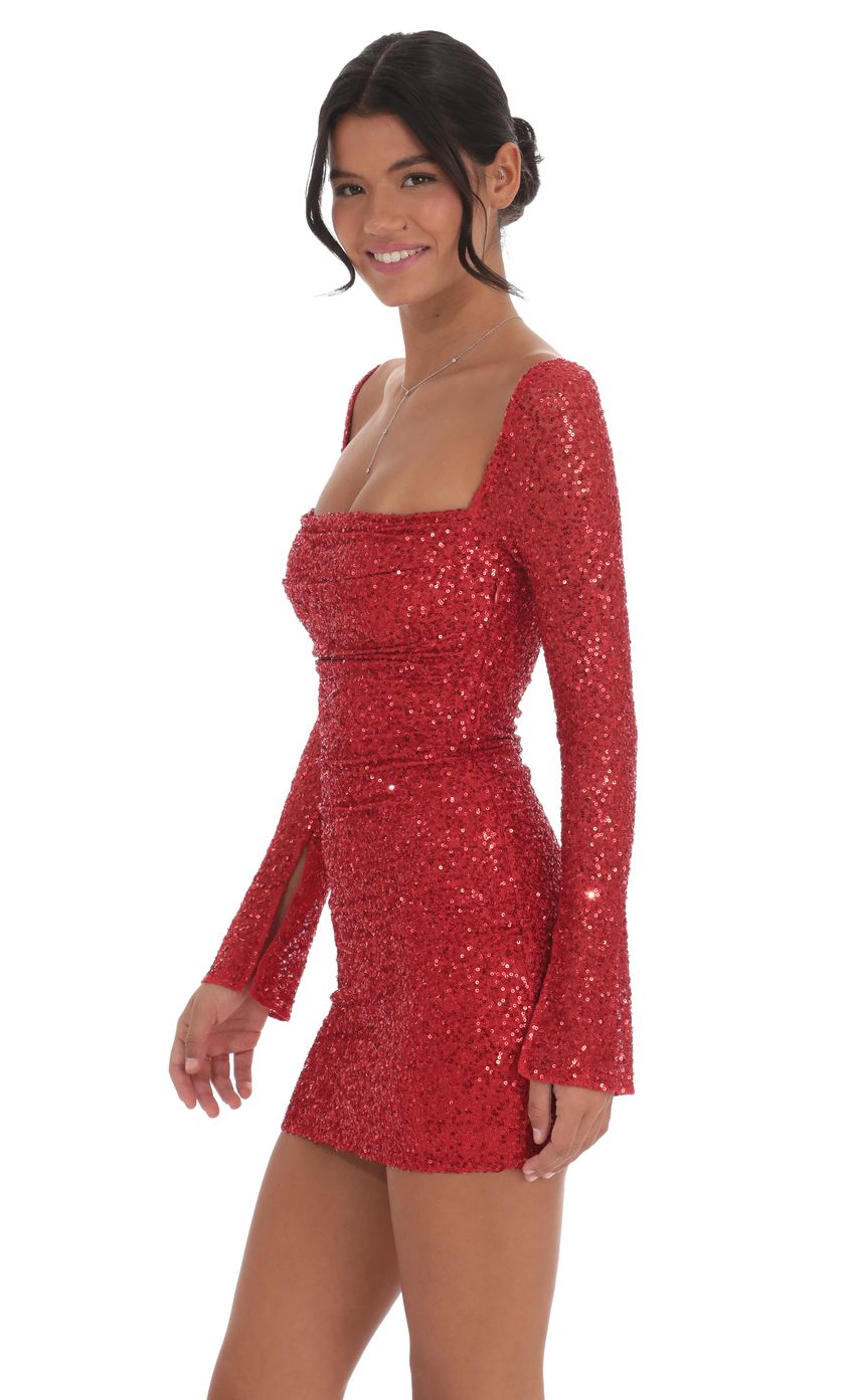 Sequin Long Sleeve Dress in Red - luluinthesky