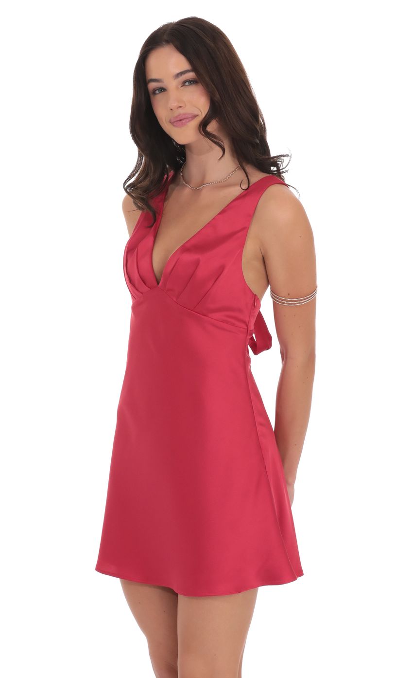 Satin V-Neck Open back Dress in Red - luluinthesky