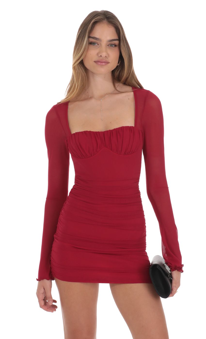 Mesh Long Sleeve Dress in Red - luluinthesky