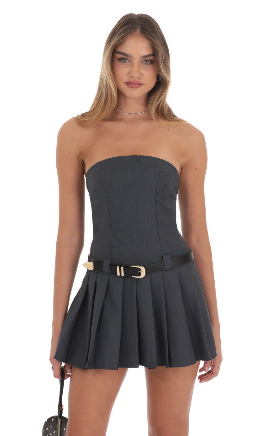 Strapless Pleated Dress in Grey - luluinthesky