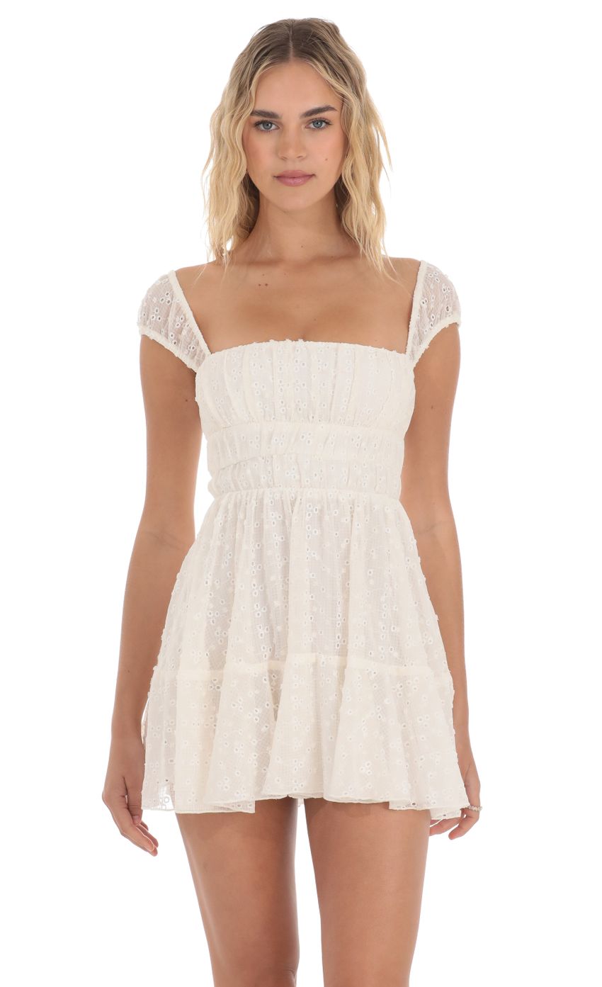 Chiffon Eyelet Cap Sleeve Dress in Cream - luluinthesky