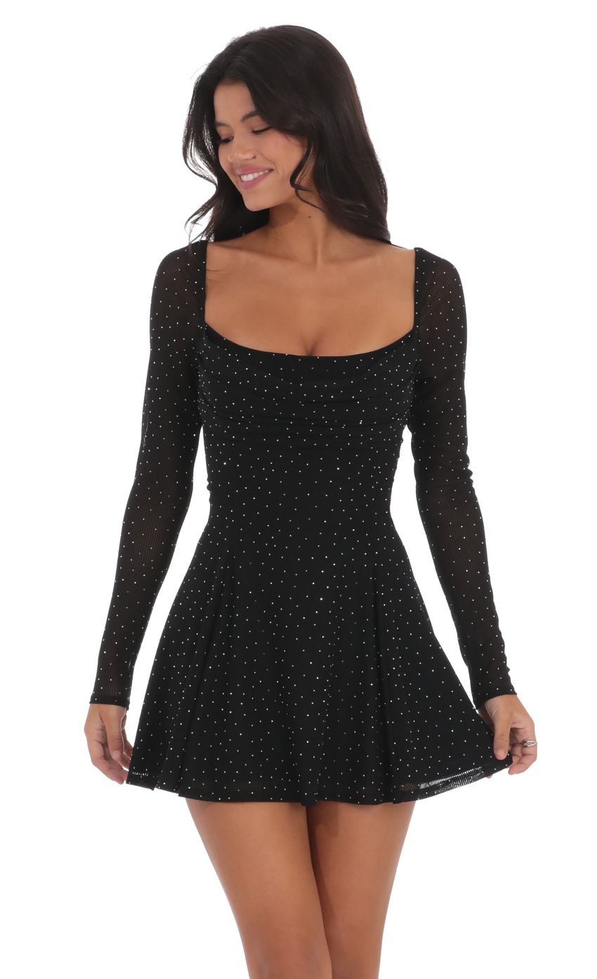 Rhinestone Draped Fit and Flare Dress in Black - luluinthesky