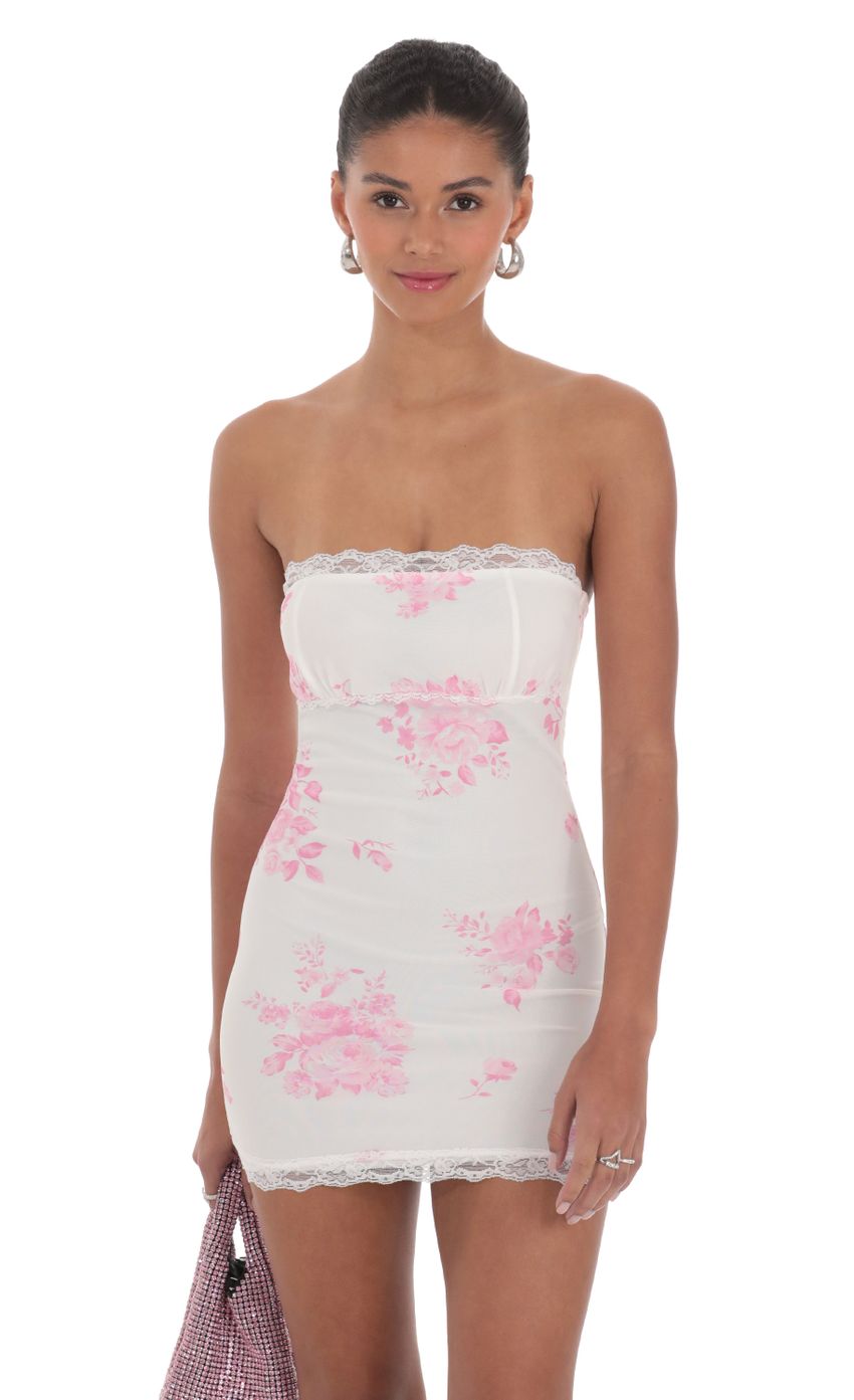 Mesh Floral Lace Strapless Bodycon Dress in White - luluinthesky
