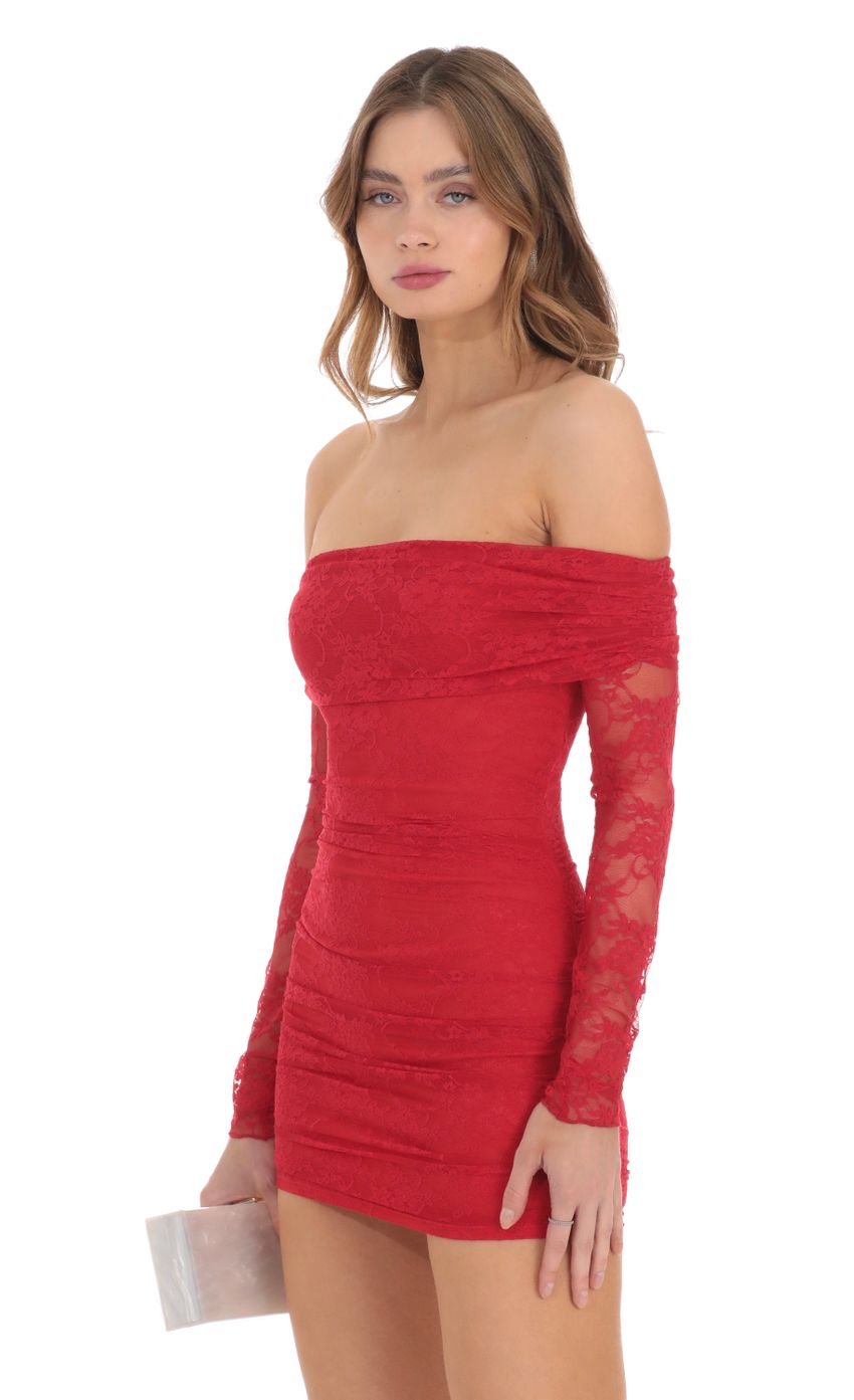Off Shoulder Long Sleeve Lace Dress in Red - luluinthesky