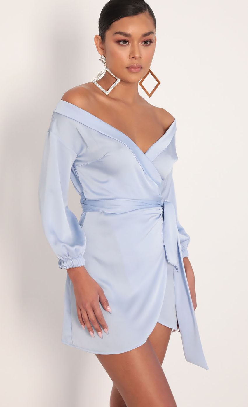 Lorella Off Shoulder Wrap Dress in Dusty Blue - luluinthesky