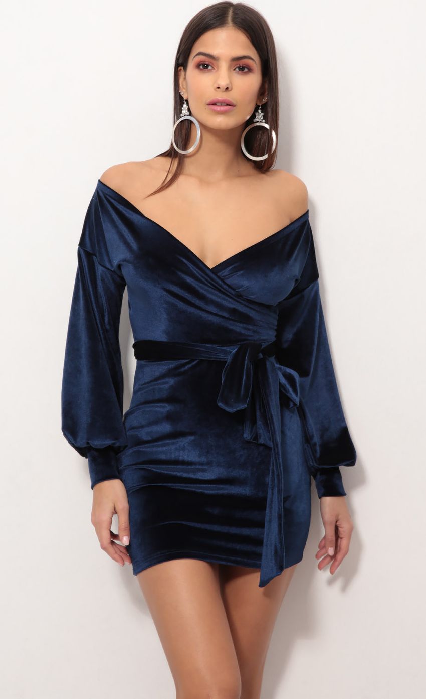 Off The Shoulder Velvet Dress in Navy - luluinthesky