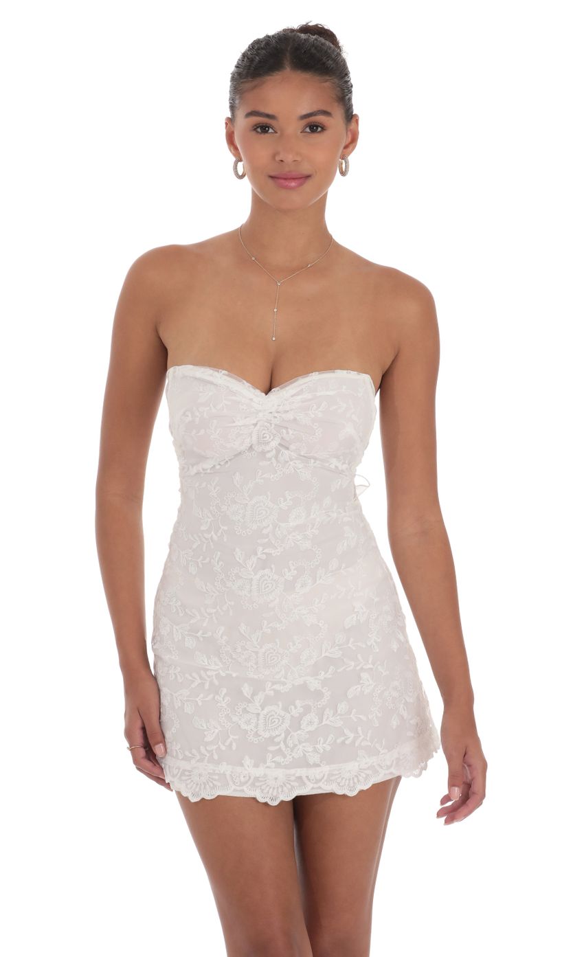 Embroidered Floral Strapless Dress in White - luluinthesky