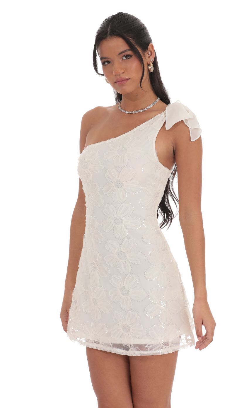 One Shoulder Sequin Floral Dress in Ivory - luluinthesky