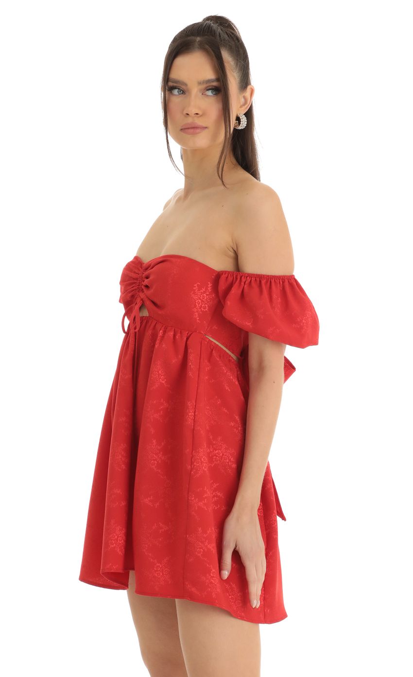 Jacquard Puff Sleeve Baby Doll Dress in Red - luluinthesky