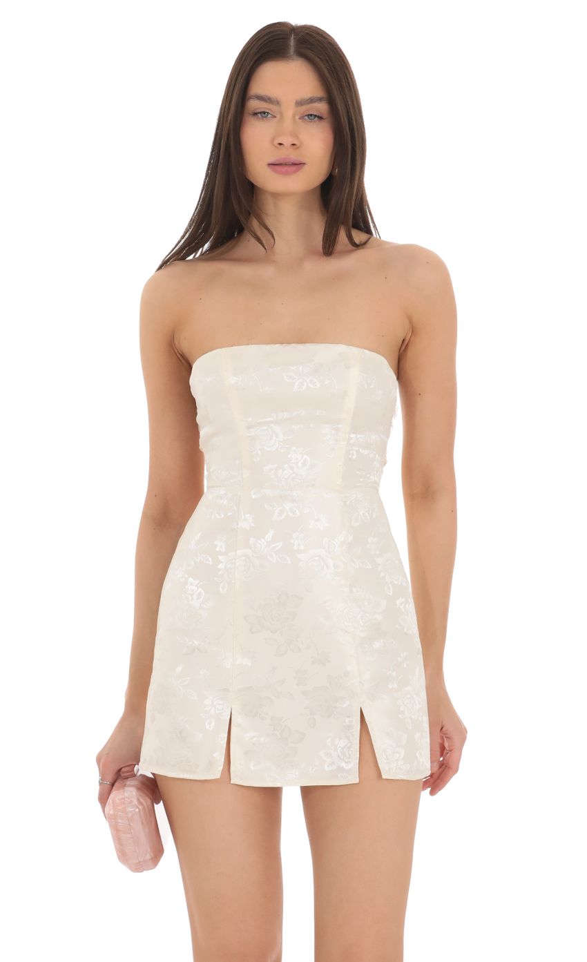 Jacquard Back Bow Strapless Dress in Cream - luluinthesky