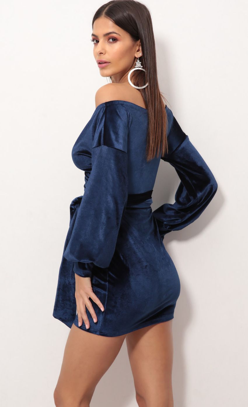 Off The Shoulder Velvet Dress in Navy - luluinthesky