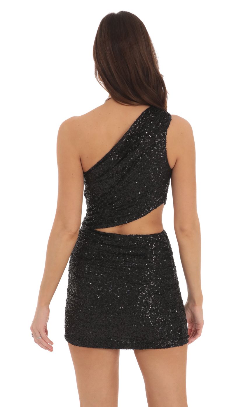 Sequin One Shoulder Cutout Dress in Black - luluinthesky