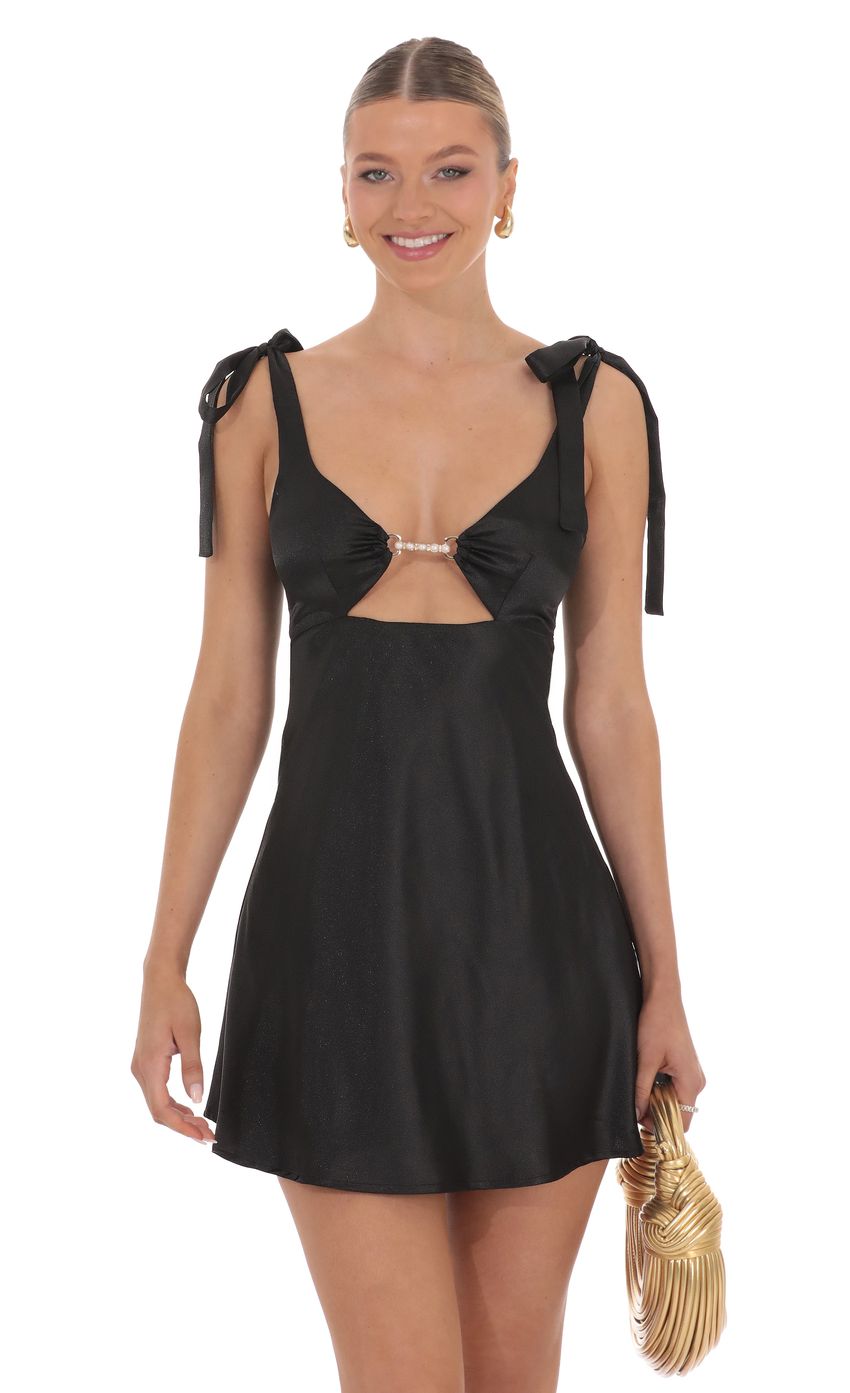 Pearl Cutout Satin Dress in Black - luluinthesky