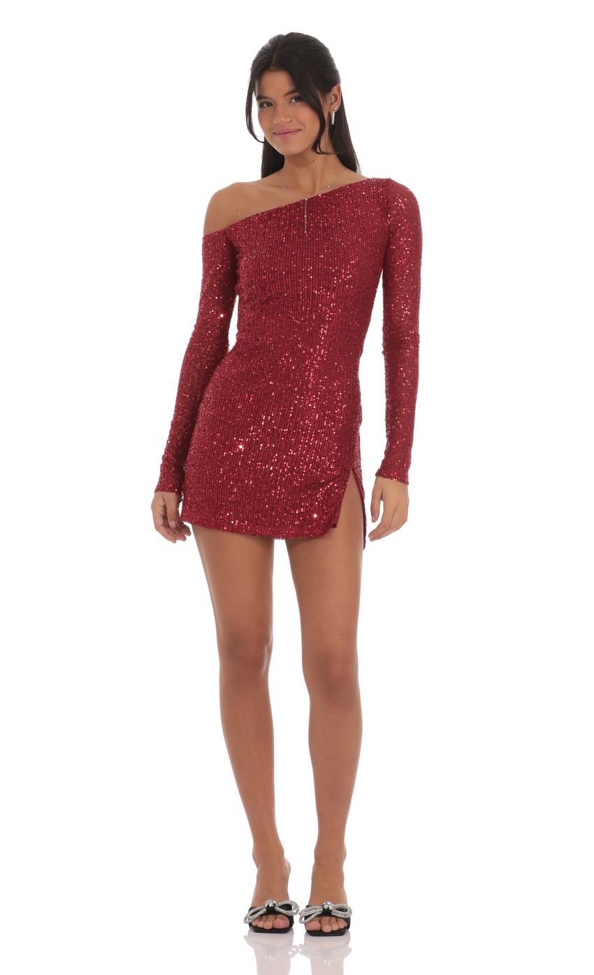 Sequin One Off Shoulder Bodycon Dress in Red - luluinthesky