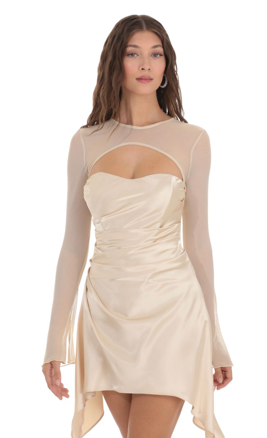 Mesh Satin Cutout Dress in Champagne - luluinthesky