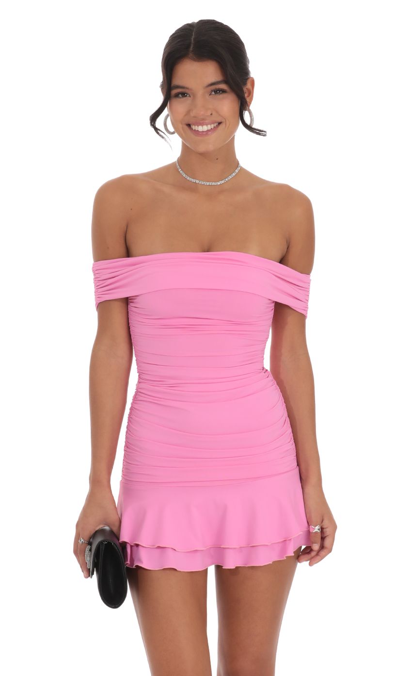 Off Shoulder Ruched Ruffle Dress in Pink - luluinthesky