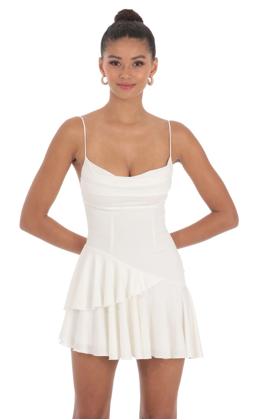Cowl Neck Asymmetrical Ruffle Dress in White - luluinthesky