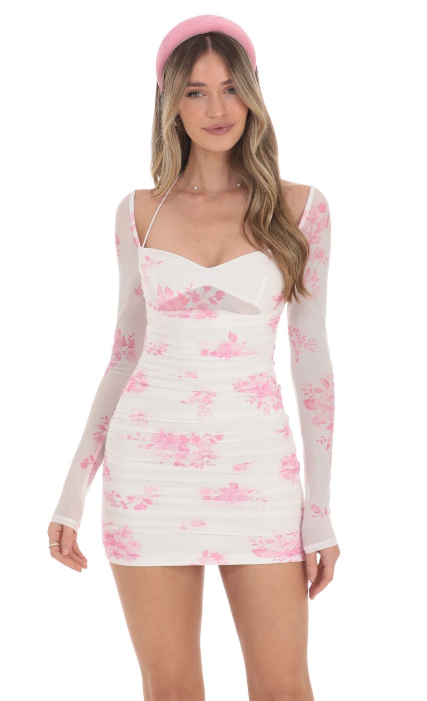 Mesh Pink Floral Ruched Dress in White - luluinthesky
