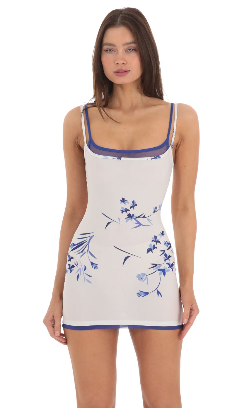 Double Strap Mesh Floral Bodycon Dress in White - luluinthesky