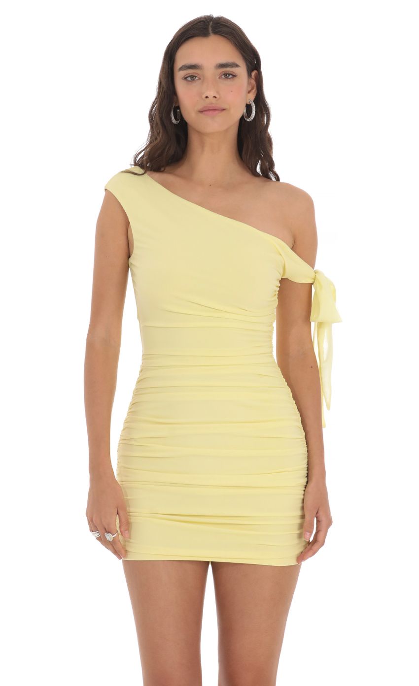 Off Shoulder Ruched Bodycon Dress in Yellow - luluinthesky