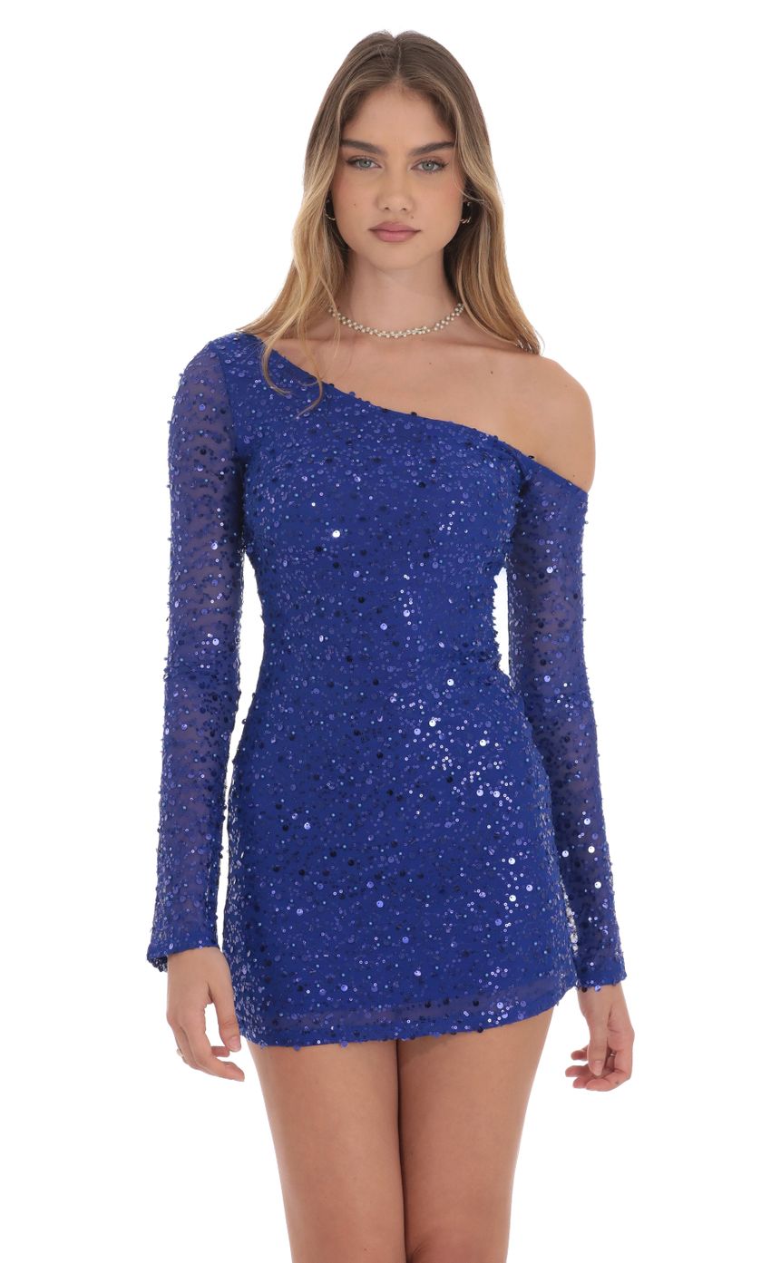 Sequin Long Sleeve Off Shoulder Dress in Blue - luluinthesky