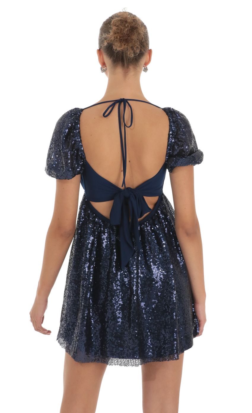 Sequin Puff Sleeve Baby Doll Dress in Navy - luluinthesky