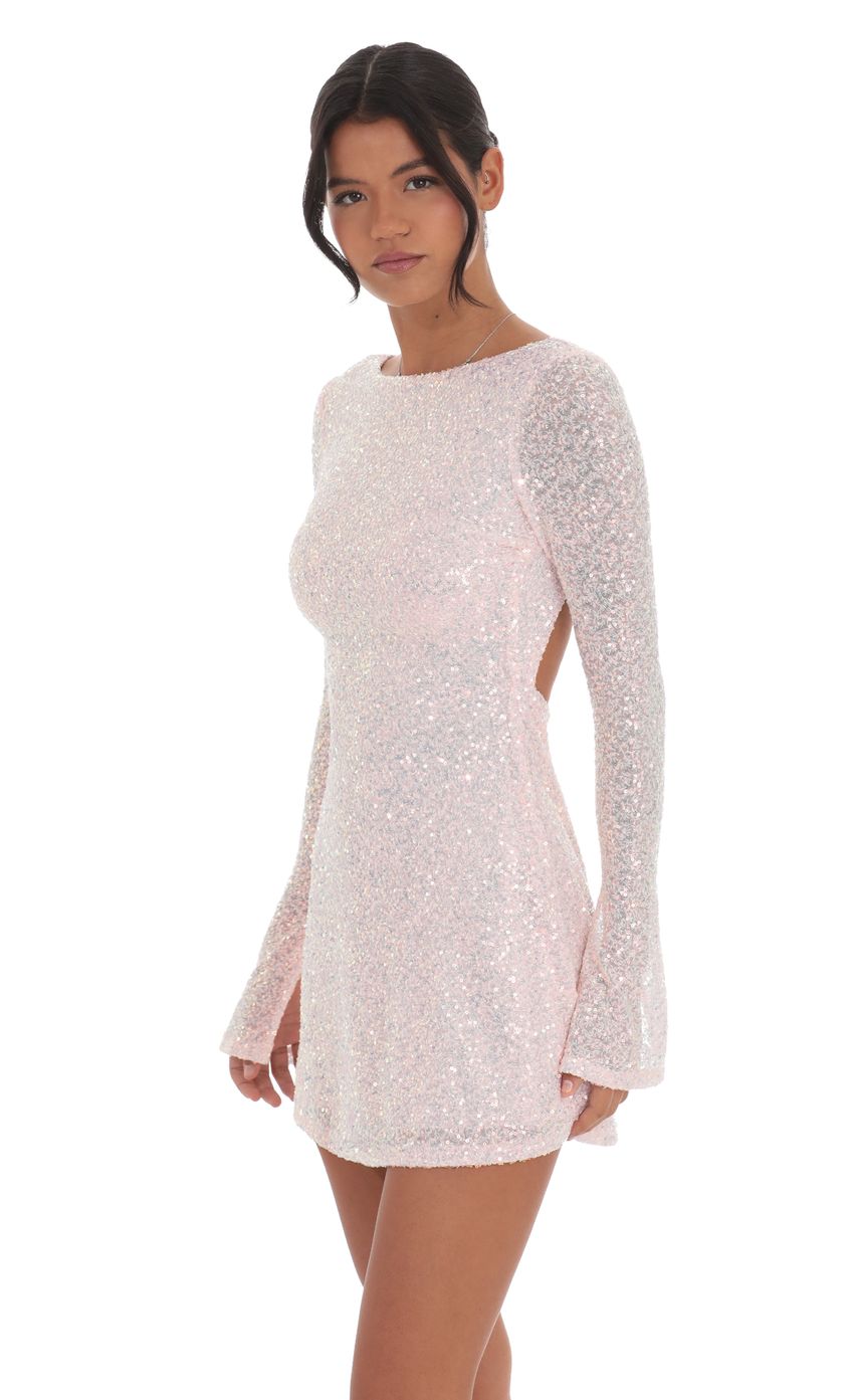 Sequin Long Sleeve Open Back Dress in Pink - luluinthesky