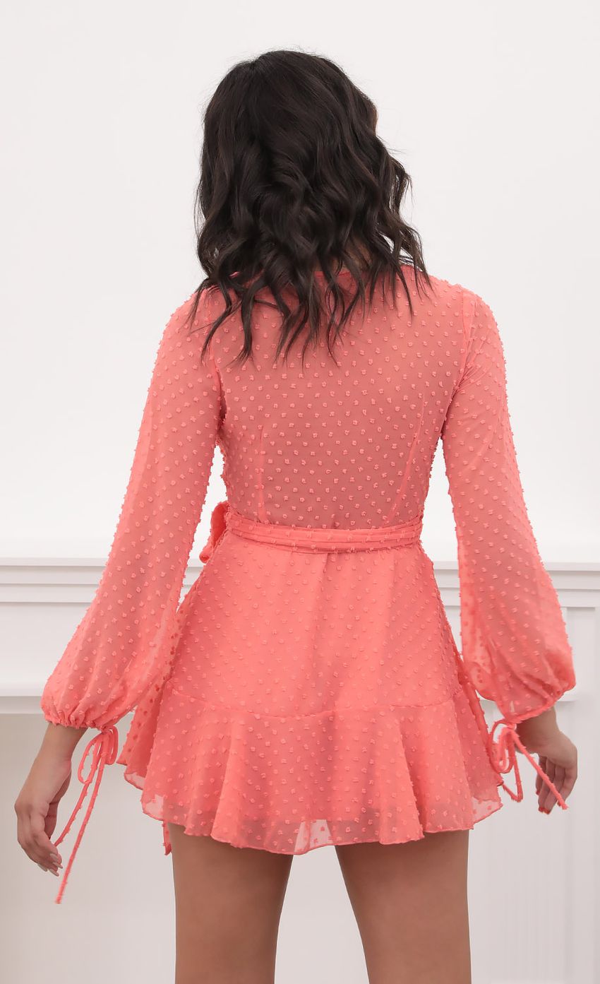 Dotted Long Sleeve Wrap Dress in Coral - luluinthesky