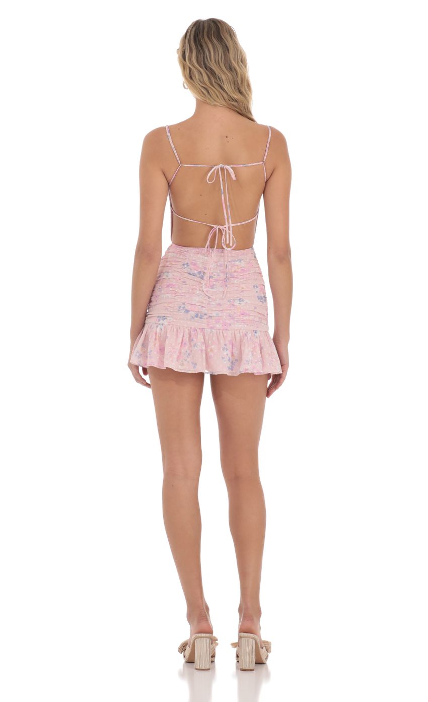 Floral Open Back Ruched Ruffle Dress in Pink - luluinthesky