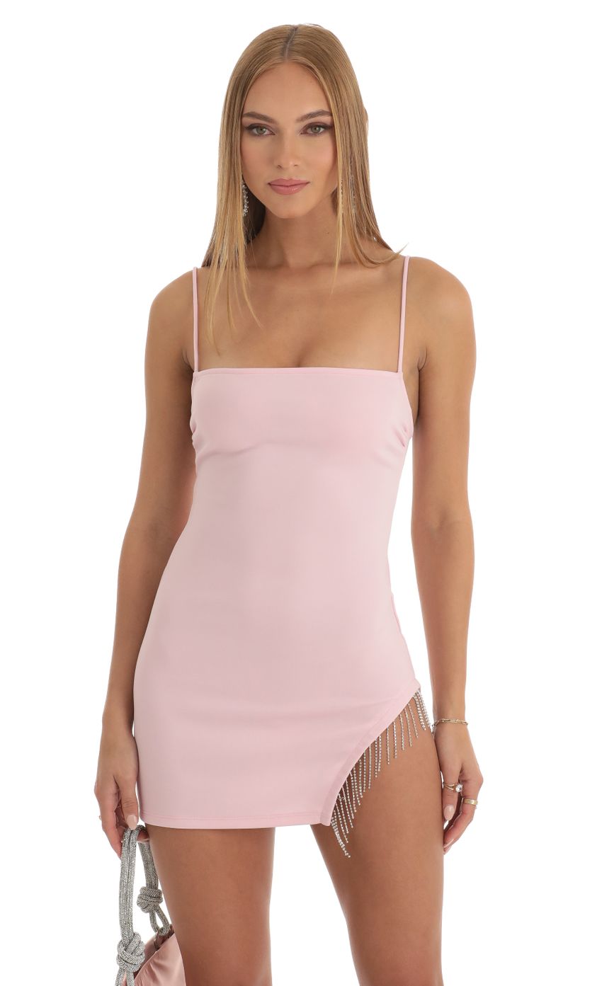 Rhinestone Fringe Slit Dress in Pink - luluinthesky