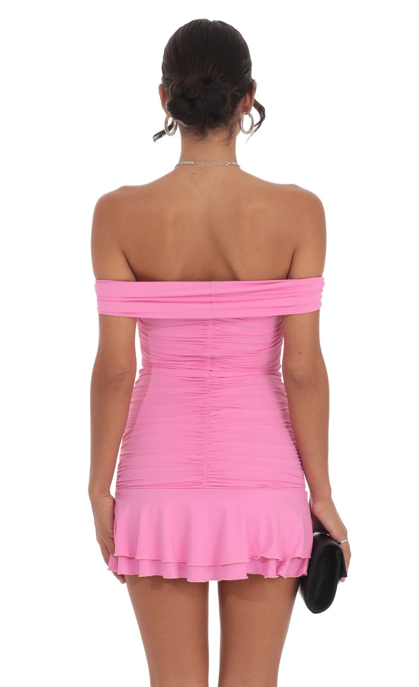 Off Shoulder Ruched Ruffle Dress in Pink - luluinthesky