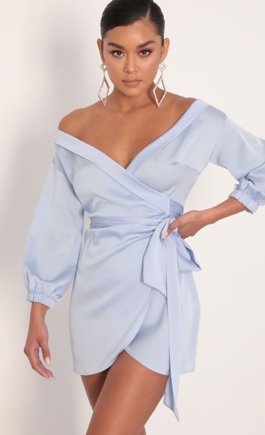 Lorella Off Shoulder Wrap Dress in Dusty Blue - luluinthesky