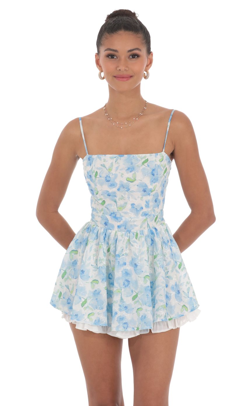 Blue Floral Ruffle Romper in White - luluinthesky