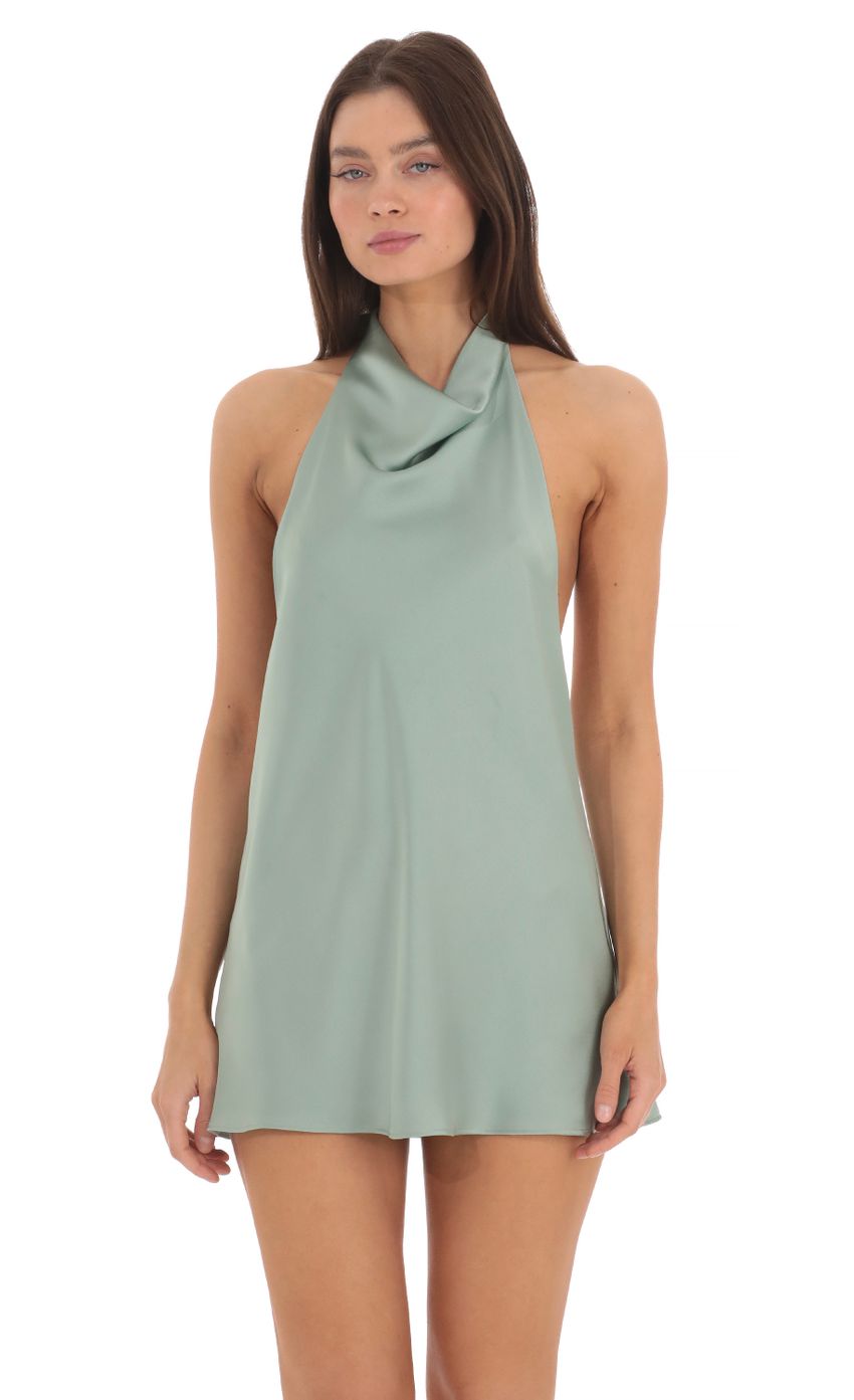 Satin Halter Open Back Dress in Sage - luluinthesky