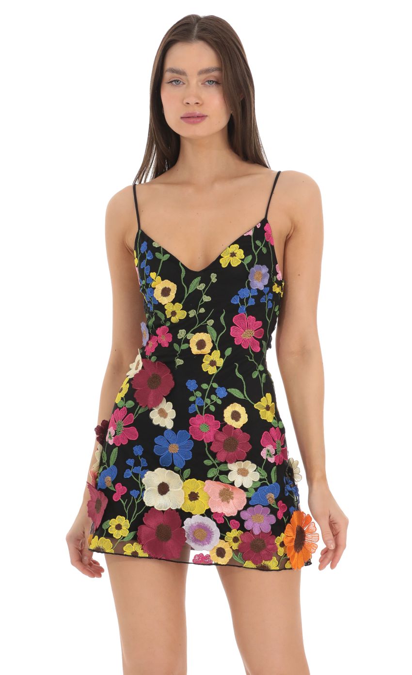 3-D Flower V-Neck Dress in Black - luluinthesky