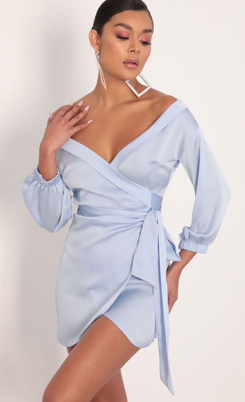 Lorella Off Shoulder Wrap Dress in Dusty Blue - luluinthesky
