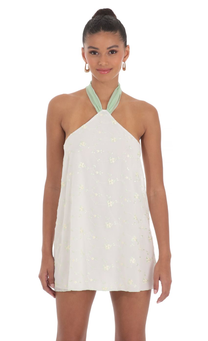 Floral Halter Shift Dress in White - luluinthesky