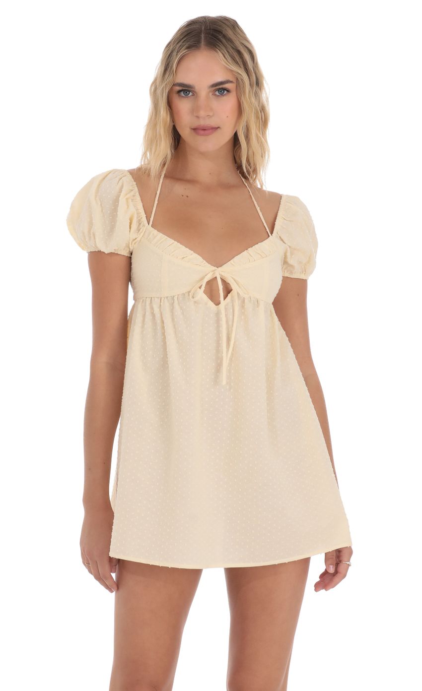 Dotted Puff Sleeve Babydoll Dress in Peach - luluinthesky