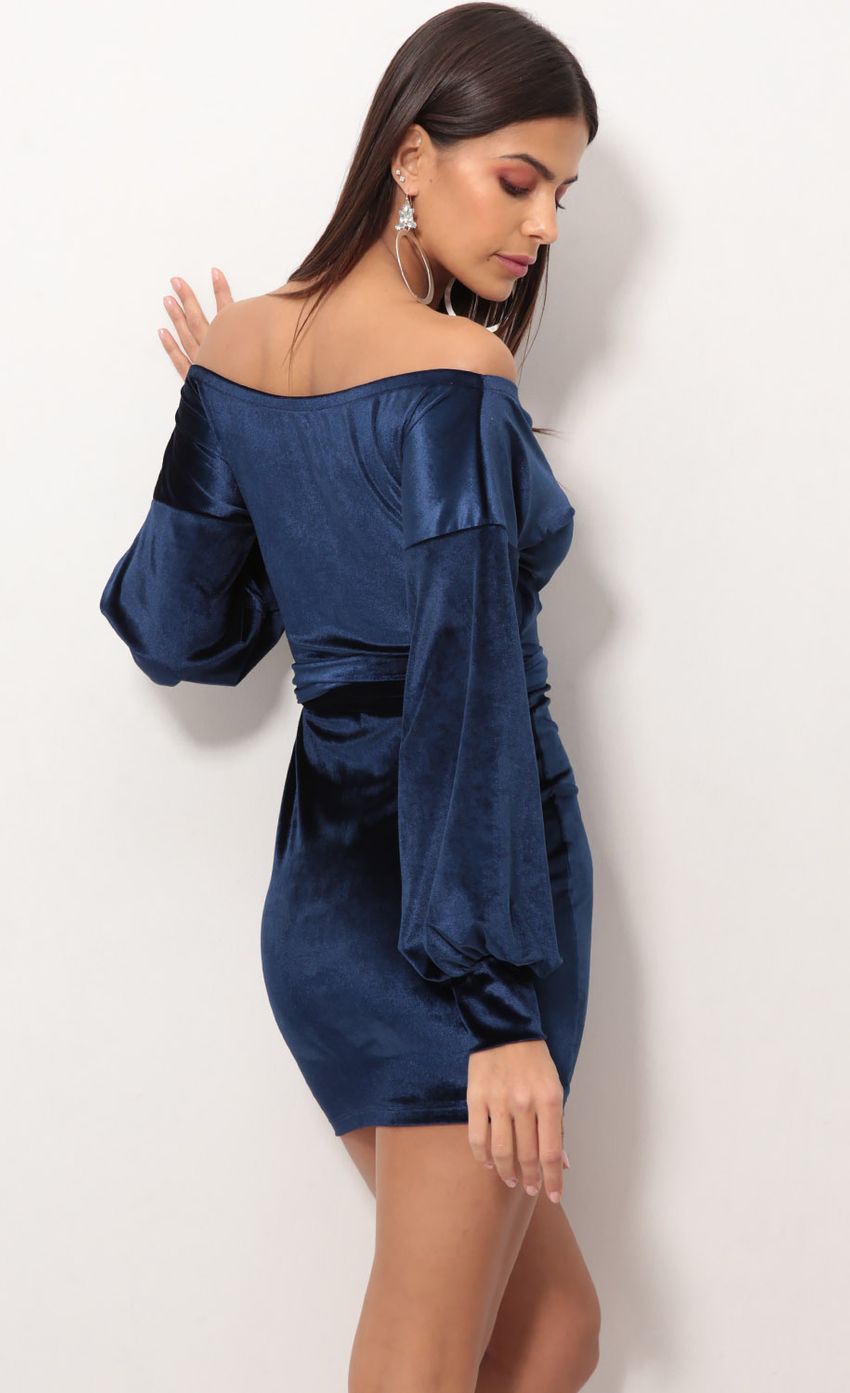Off The Shoulder Velvet Dress in Navy - luluinthesky