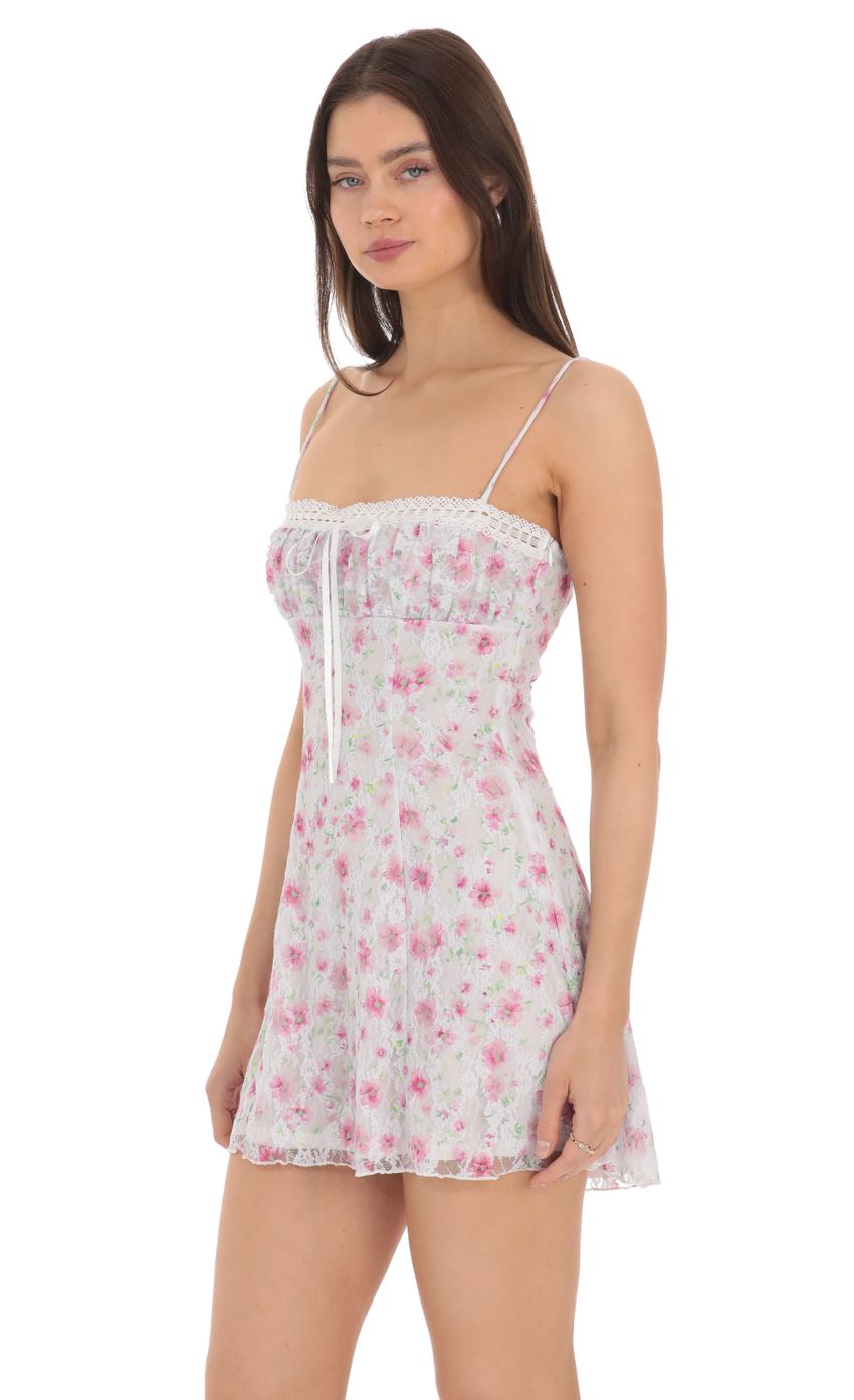 Lace Floral Front Tie Dress in White - luluinthesky