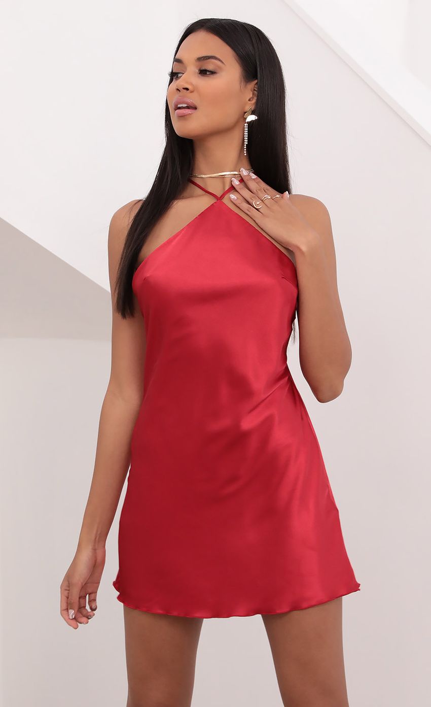 Halter Satin Slip Dress in Red - luluinthesky